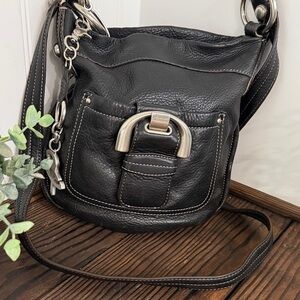 B. Makowsky Black Pebbled Leather Crossbody Leopard print lining Shoulder Bag